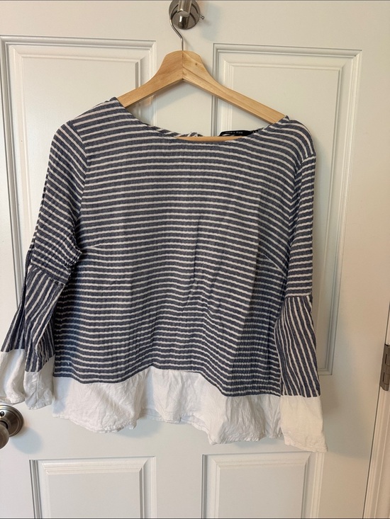 Doe & Rae Tops - Striped Navy and White Boatneck Tunic with Ruffle Hem